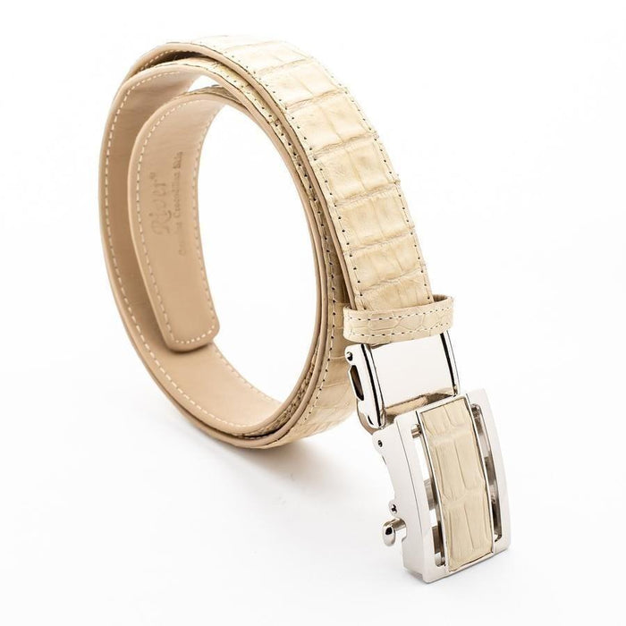 Angled loop of the cream-white crocodile belt showcasing the flat stomach scales, edge stitching, and resting silver buckle.