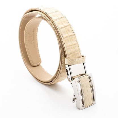 Angled loop of the cream-white crocodile belt showcasing the flat stomach scales, edge stitching, and resting silver buckle.