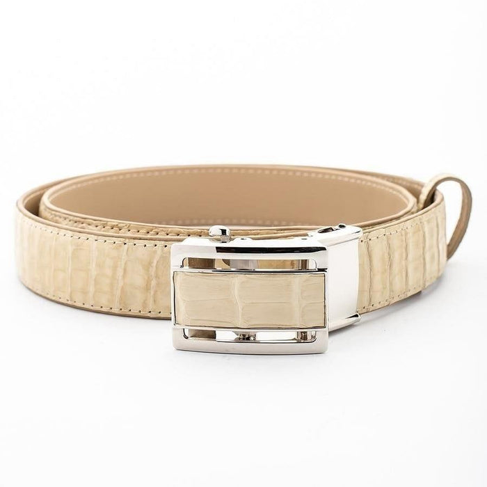 Lying flat, the rolled ivory crocodile strap centers its polished silver buckle with matching cream scale inlay.