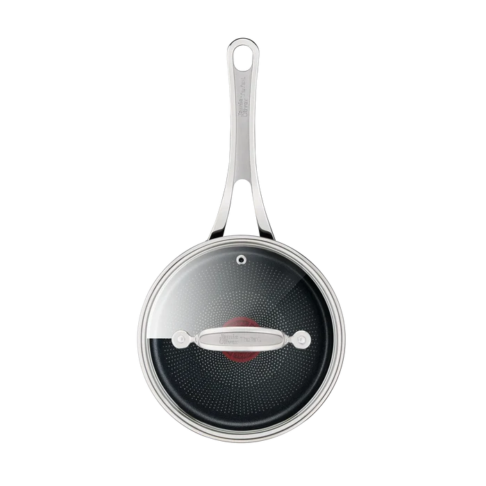 Jamie Oliver by Tefal Cooks Classic Non-Stick Induction Hard Anodised Saucepan + Lid 18cm top view with lid on