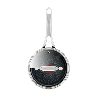 Jamie Oliver by Tefal Cooks Classic Non-Stick Induction Hard Anodised Saucepan + Lid 18cm top view with lid on