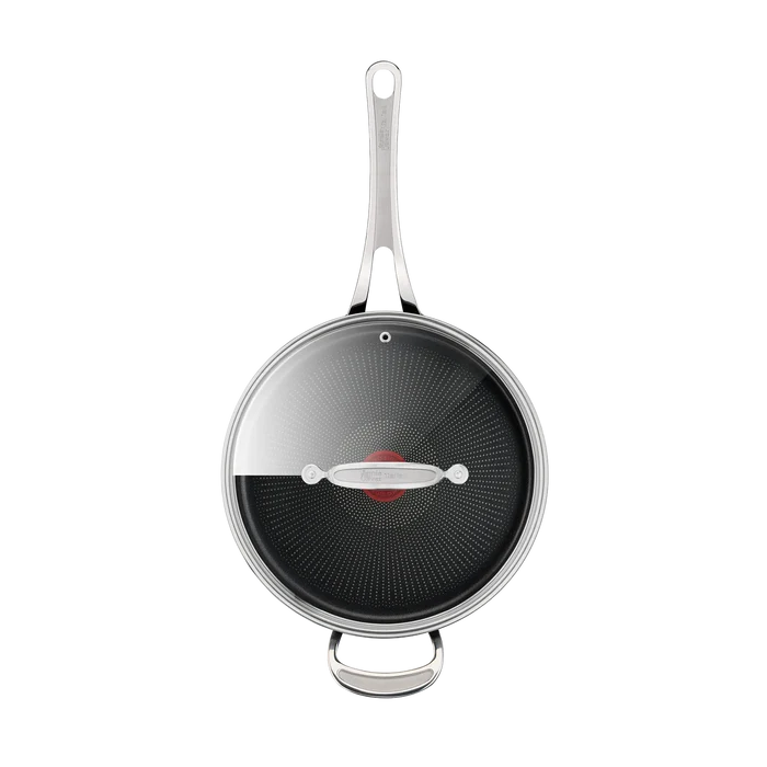 Jamie Oliver by Tefal Cooks Classic Non-Stick Induction Hard Anodised Sautepan + Lid 26cm top view with lid