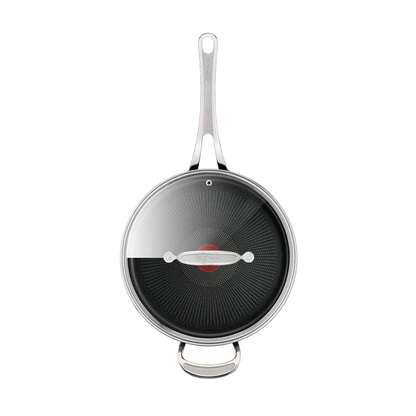 Jamie Oliver by Tefal Cooks Classic Non-Stick Induction Hard Anodised Sautepan + Lid 26cm top view with lid