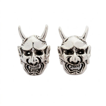 Pair of .925 sterling silver stud earrings shaped like Japanese Oni demon masks featuring curled horns and snarling mouths.