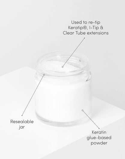 Keratip® Powder resealable jar, used to re-tip keratip, i-tip & clear tube extensions, keratin glue-based powder