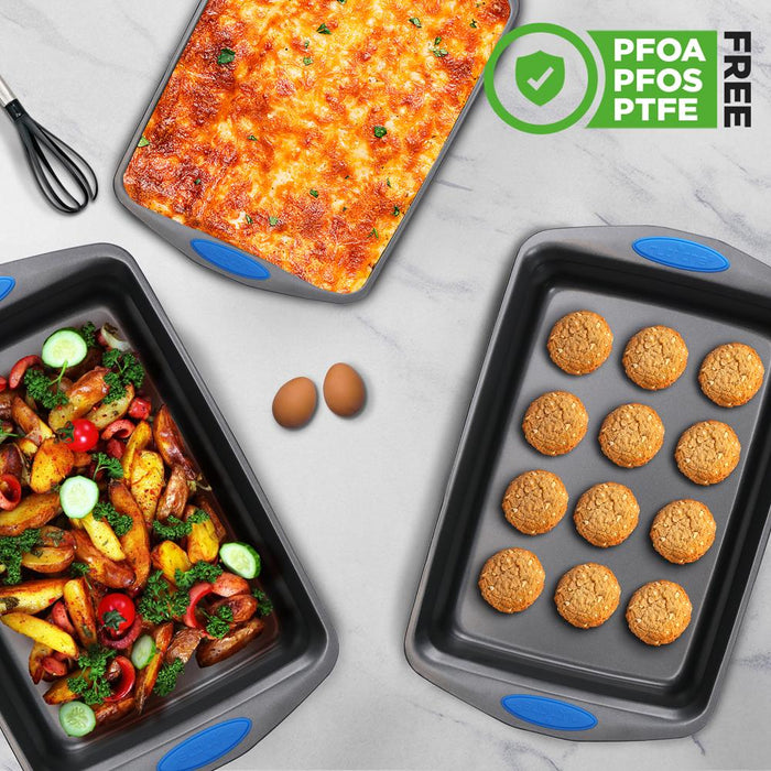 Kitchen Oven Baking Pans - Deluxe Nonstick Gray Coating Inside & Outside Carbon Steel Bakeware Set With Blue Silicone Handles (3-Pieces)