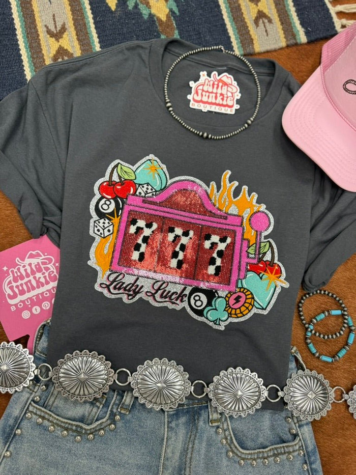 Lady Luck Slot Machine Sequin Patch TeeHeather Charcoal GreyS