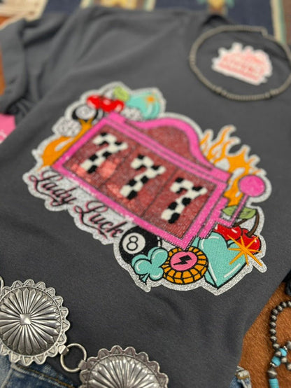 Lady Luck Slot Machine Sequin Patch TeeHeather Charcoal GreyS