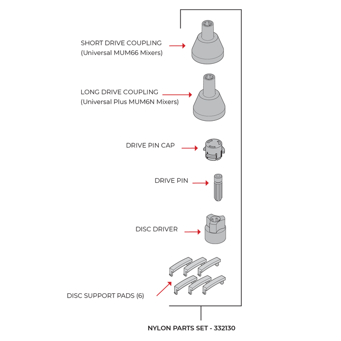 Technical illustration of all the parts of the NutriMill nylon parts for the Large slicer shredder