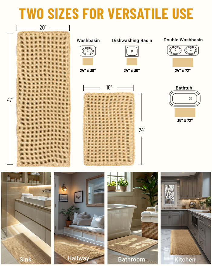 Large Waffle Bath Mat Set, Non Slip Bath Mat Set, Ultra Absorbent Bath Mats for Bathroom Decor, Extra Soft Floor Bathroom Rugs Sets 2 Piece, Washable Bath Rugs (20"×47" and 16"×24")
