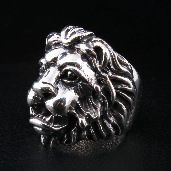 A side profile view of a men's lion ring, showing the impressive depth and three-dimensional flow of the sculpted mane.