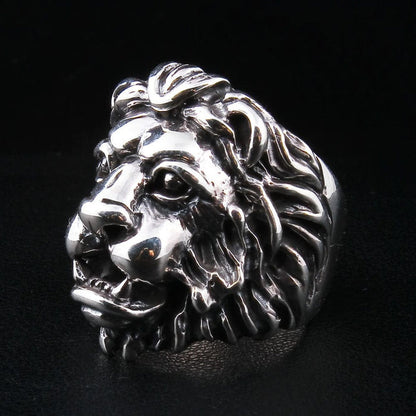 A side profile view of a men's lion ring, showing the impressive depth and three-dimensional flow of the sculpted mane.