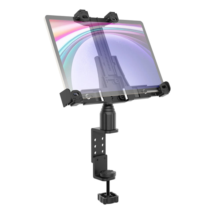 The LockVise™ Locking POS Tablet Mount with Clamp Mount is shown holding a tablet in a black adjustable metal clamp attached to a desk, set against a white background. This locking mount provides enhanced convenience and durability, making it the perfect anti-theft tablet holder for secure workspaces.