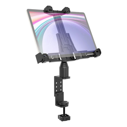 The LockVise™ Locking POS Tablet Mount with Clamp Mount is shown holding a tablet in a black adjustable metal clamp attached to a desk, set against a white background. This locking mount provides enhanced convenience and durability, making it the perfect anti-theft tablet holder for secure workspaces.