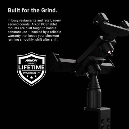 A sturdy LockVise™ Locking POS Tablet Mount with Clamp Mount is shown, with text highlighting its durability, reliability, and limited lifetime warranty for business use. Featuring a robust anti-theft tablet holder design, it ensures your device stays secure at all times. A white shield-shaped warranty badge stands out against the black background.
