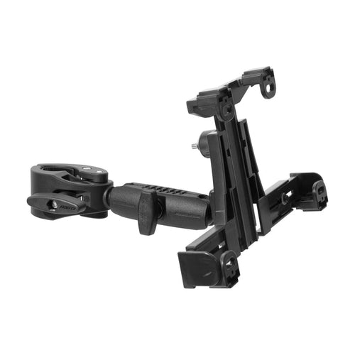 The LockVise™ Locking Tablet Clamp Mount with 3.75” Arm features a black adjustable plastic mounting bracket with a heavy-duty clamp on one end and a secure holder on the other, designed to firmly attach and hold tablets or similar devices.