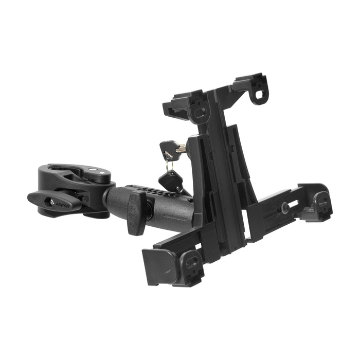LockVise™ Locking Tablet Clamp Mount with 3.75” Arm, featuring an adjustable black clamp and heavy-duty construction for secure attachment to desks or poles, displayed against a white background.