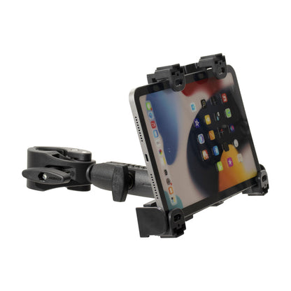 A tablet secured in the LockVise™ Locking Tablet Clamp Mount with 3.75” Arm, displaying app icons, with the black adjustable mount attached to a surface using its heavy-duty clamp.