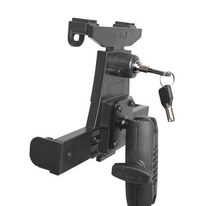 Introducing the LockVise™ Locking Tablet Holder with 18” Seat Rail Mount and 3.75” Shaft Arm—a black, adjustable locking tablet holder featuring a key inserted in the lock and a spare key attached. Constructed from durable metal and plastic components, this mount is designed for securely holding your tablet in place—ideal as a fleet vehicle or seat rail tablet mount for enhanced security and convenience.