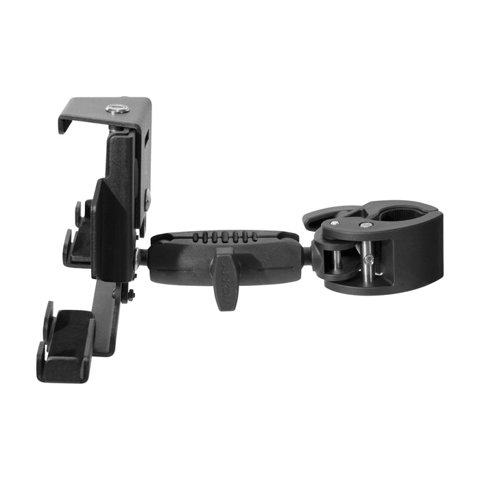The LockVise™ Metal Locking Tablet Clamp Mount with 3.75” Arm is a black adjustable mounting bracket featuring a clamp and hinge, engineered to securely attach your tablet to a pole or surface for versatile positioning—displayed against a white background.
