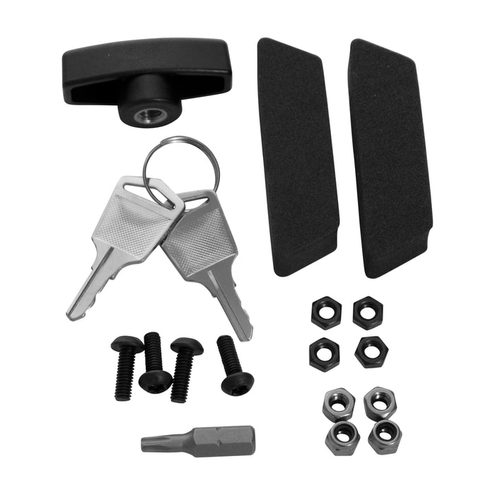 A complete set of hardware components for the LockVise™ Metal Locking Tablet Clamp Mount with 3.75” Arm, featuring two keys, a black T-shaped handle, screws, hex nuts, foam pads, and a screwdriver bit—all arranged on a white background. Ideal for assembling or securing your adjustable tablet mount or locking clamp system.