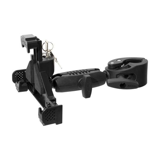 The LockVise™ Phone Clamp Mount with 3.75” Shaft Arm features a durable black adjustable clamp with a secure locking mechanism and textured grips, engineered to firmly attach your phone to boats or other surfaces—delivering stable support similar to an industrial rod holder and ensuring dependable performance even in rugged conditions.