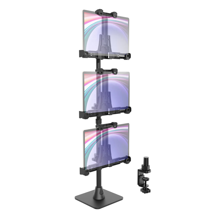 LockVise™ POS Locking Tablet Mount with Triple Tablet Holders features vertically stacked, adjustable mounts that securely clamp to your desk; each screen showcases a gradient design overlaid with a subtle cityscape.