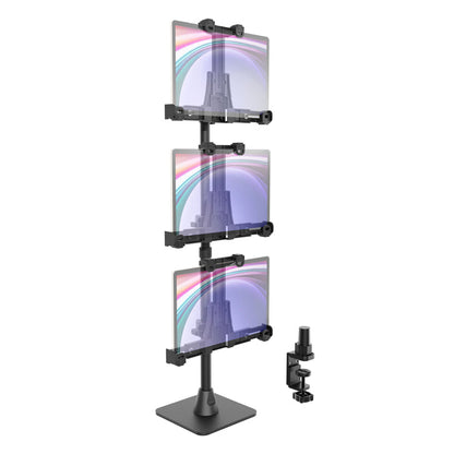 LockVise™ POS Locking Tablet Mount with Triple Tablet Holders features vertically stacked, adjustable mounts that securely clamp to your desk; each screen showcases a gradient design overlaid with a subtle cityscape.