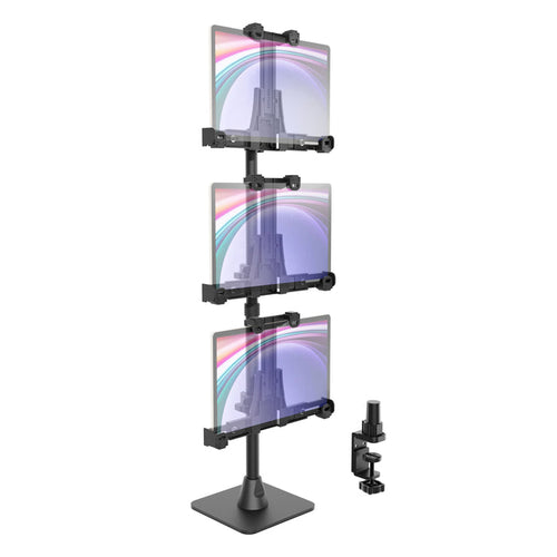 LockVise™ POS Locking Tablet Mount with Triple Tablet Holders features vertically stacked, adjustable mounts that securely clamp to your desk; each screen showcases a gradient design overlaid with a subtle cityscape.