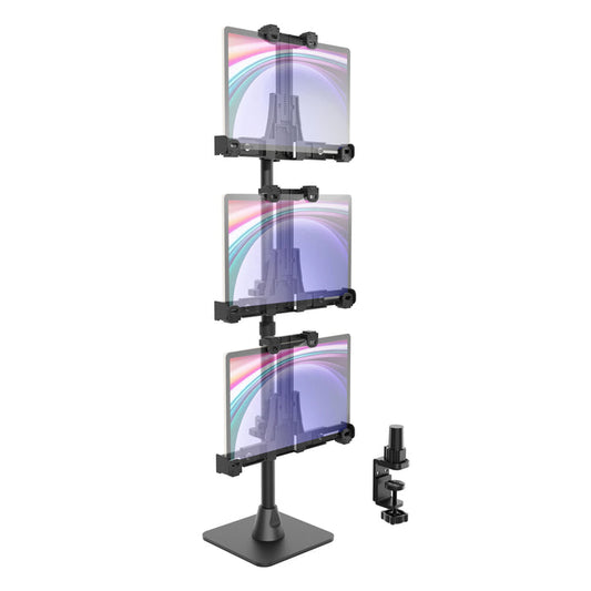 LockVise™ POS Locking Tablet Mount with Triple Tablet Holders features vertically stacked, adjustable mounts that securely clamp to your desk; each screen showcases a gradient design overlaid with a subtle cityscape.