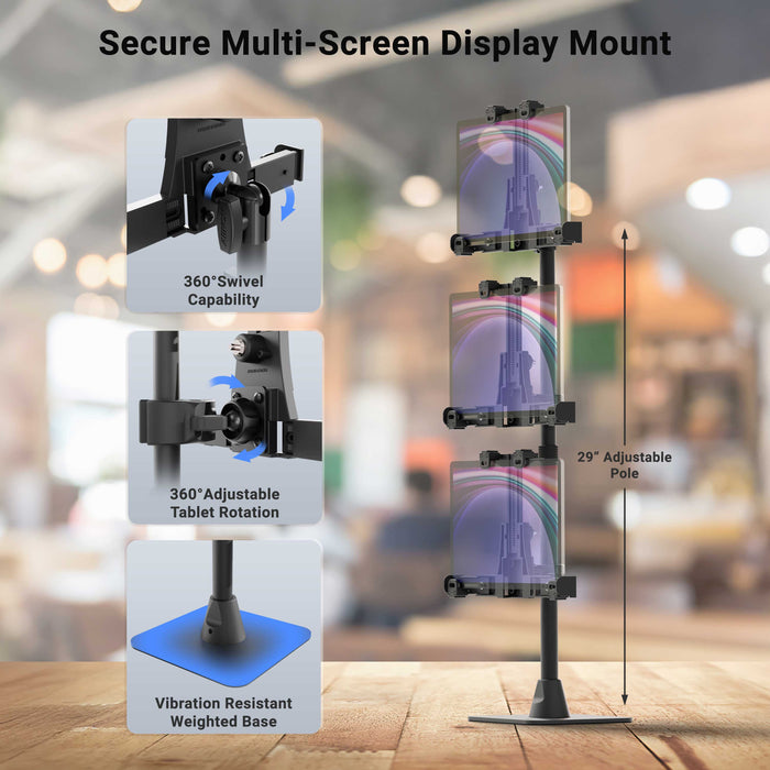 Diagram depicting the LockVise™ POS Locking Tablet Mount with Triple Tablet Holders in a vertical configuration, showcasing three screens. Features close-up views of its 360° swivel and tablet rotation capability, a 29-inch adjustable pole, and a vibration-resistant weighted base. Ideal as a triple iPad POS mount or for securing tablets with the included locking holders—displayed against a blurred cafe backdrop.