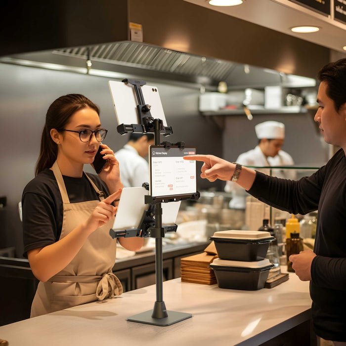 A woman takes an order on the phone at a restaurant counter, where a LockVise™ POS Locking Tablet Mount with Triple Tablet Holders securely organizes devices for efficient service, while a customer uses a touchscreen ordering kiosk. Chefs work in the kitchen in the background.