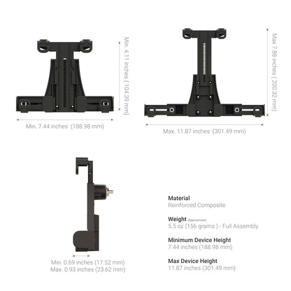 Diagram of the LockVise™ Locking Tablet Holder with labeled dimensions: adjustable height (4.11–7.88), width (7.44–11.87), depth (0.69–0.93); weight 5.5 oz; features a reinforced, secure universal mount for tablets.