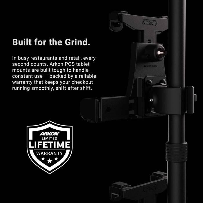 Close-up of the LockVise™ POS Locking Tablet Mount with Triple Tablet Holders attached to a vertical pole, highlighting its durability with a lifetime warranty badge. Featuring secure locking tablet holders, this stand is engineered for maximum reliability in demanding restaurant and retail checkout environments.