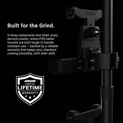 Close-up of the LockVise™ POS Locking Tablet Mount with Triple Tablet Holders attached to a vertical pole, highlighting its durability with a lifetime warranty badge. Featuring secure locking tablet holders, this stand is engineered for maximum reliability in demanding restaurant and retail checkout environments.