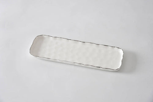 Silver rectangular tray on a light gray background