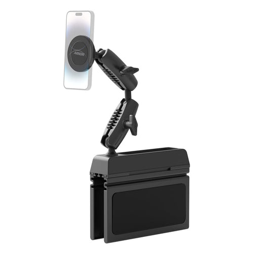 A black Magnetic Holder with Seat Wedge Mount and Dual Shaft Arm—MagSafe compatible—is shown in use, securely mounting a smartphone to a car dashboard via its seat wedge design. The holder features multiple joints and knobs for flexible positioning, enabling hands-free iPhone use.