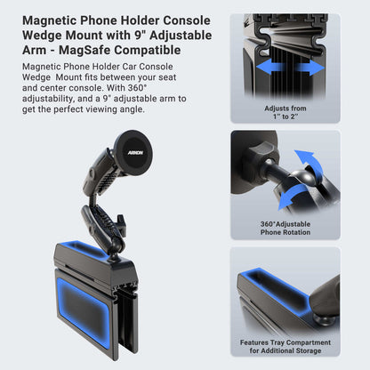 Magnetic Holder with Seat Wedge Mount and Dual Shaft Arm – MagSafe Compatible, pictured between car seats, features a 9-inch adjustable arm. Insets showcase arm adjustment, 360° phone rotation, and a tray compartment illuminated by soft blue lighting. Text highlights key features, including secure hands-free iPhone mounting and convenient seat wedge installation.