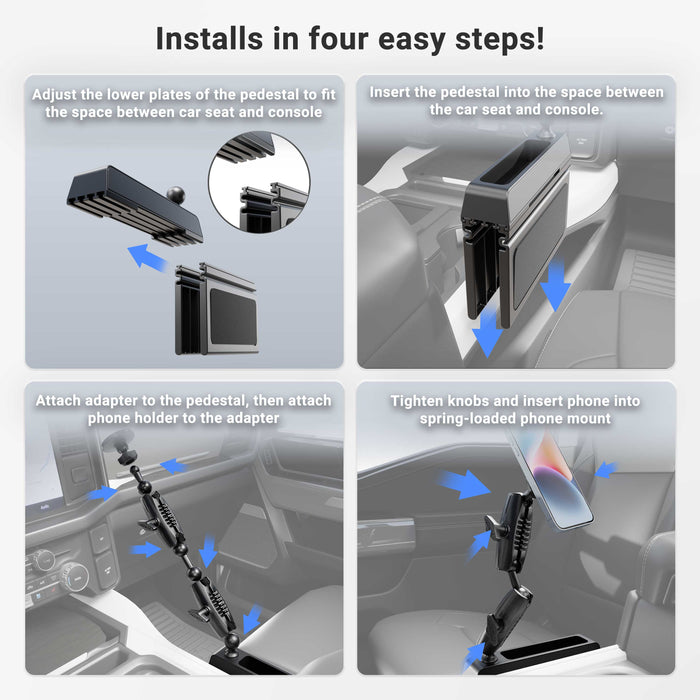 Install the Magnetic Holder with Seat Wedge Mount and Dual Shaft Arm – MagSafe Compatible in four steps: adjust the pedestal plates, insert the seat wedge mount securely between your car’s seat and console, attach the adapter and magnetic phone holder (compatible with MagSafe), tighten all adjustment knobs, and place your iPhone into the holder. Blue arrows guide you through each step to ensure a secure, hands-free setup for your device.