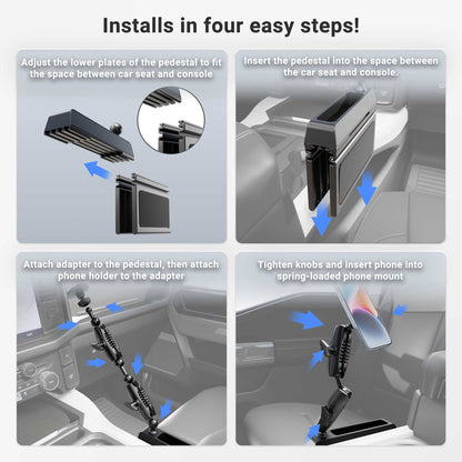 Install the Magnetic Holder with Seat Wedge Mount and Dual Shaft Arm – MagSafe Compatible in four steps: adjust the pedestal plates, insert the seat wedge mount securely between your car’s seat and console, attach the adapter and magnetic phone holder (compatible with MagSafe), tighten all adjustment knobs, and place your iPhone into the holder. Blue arrows guide you through each step to ensure a secure, hands-free setup for your device.