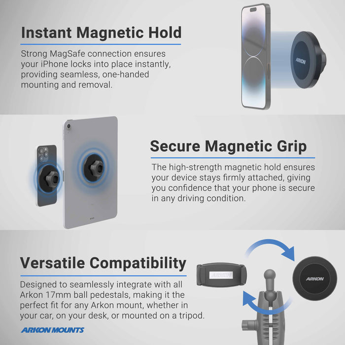 Infographic showcasing the Arkon Mounts Robust® Dual Shaft Cup Holder Mount with Magnetic Phone Holder (25mm, MagSafe Compatible), highlighting its instant magnetic hold, secure grip, and versatile compatibility with ball pedestals. Features labeled product images and descriptive text to illustrate the unique benefits of this magnetic phone holder—such as the adjustable dual 25mm shaft arm and convenient cup holder mount—for easy and secure device mounting in any vehicle.