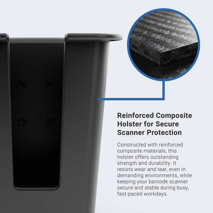 Close-up of the Large Barcode Holster Forklift Front Guard Mount with 5 Shaft, featuring its reinforced composite for durability and secure scanner protection—ideal for demanding warehouse environments.