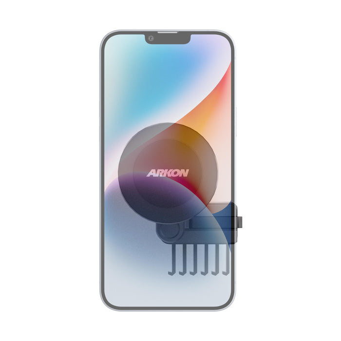 A smartphone with a colorful gradient screen is held by the Magnetic Phone Vent Mount for Tesla Model 3 2017–2022 & Model Y 2020–2023, making it an ideal phone holder for those seeking accessories for their Tesla. The circular mount securely attaches to the back of the phone, ensuring reliable in-car convenience.