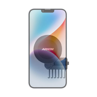 A smartphone with a colorful gradient screen is held by the Magnetic Phone Vent Mount for Tesla Model 3 2017–2022 & Model Y 2020–2023, making it an ideal phone holder for those seeking accessories for their Tesla. The circular mount securely attaches to the back of the phone, ensuring reliable in-car convenience.