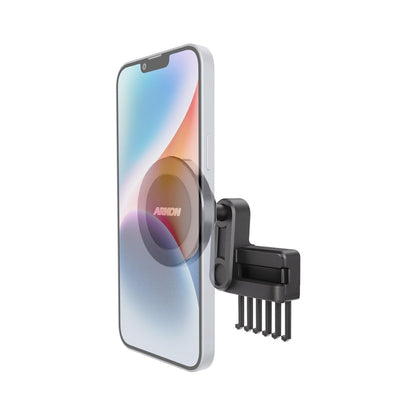 A smartphone is attached to a black Magnetic Phone Vent Mount for Tesla Model 3 2017–2022 & Model Y 2020–2023, with the Aikion logo visible on the round magnetic surface. This sleek Tesla phone holder is one of the must-have accessories for Model 3 and Model Y owners, providing a secure and stylish way to keep your device accessible while driving.