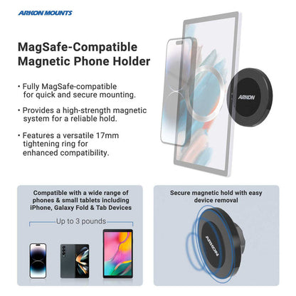 Introducing the Cup Holder Mount with Dual Shafts & Magnetic Phone Holder - 25mm - MagSafe Compatible by Arkon Mounts, shown attached to a smartphone with a magnetic surface. This MagSafe-compatible car cup holder mount offers a secure grip, effortless removal, and broad device compatibility.