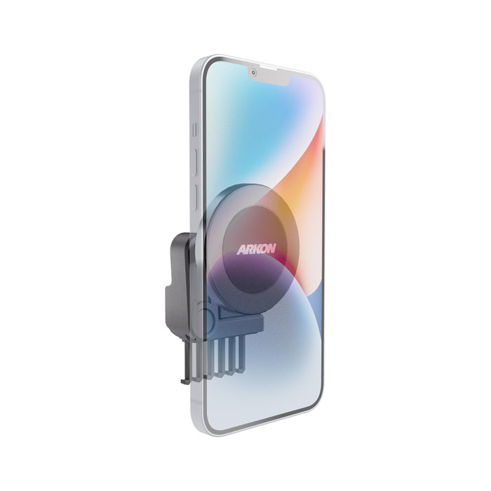 A smartphone is mounted on the Magnetic Phone Vent Mount for Tesla Model 3 2017–2022 & Model Y 2020–2023 in sleek black, shown from an angled side view with a vibrant gradient wallpaper on the screen—making it an essential Tesla phone holder and a top accessory for your Model 3 or Model Y.
