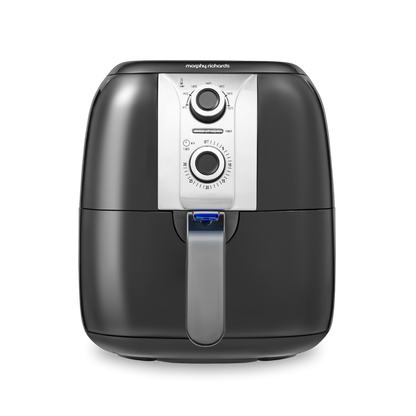 A black manual 3 Litre Air Fryer with visible temperature and timer controls on the front.