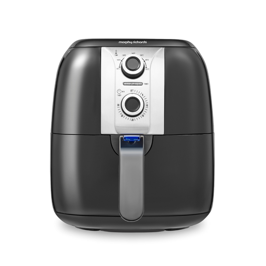 A black manual 3 Litre Air Fryer with visible temperature and timer controls on the front.