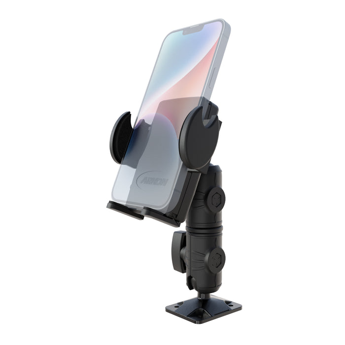 The Mega Grip™ Phone Drill Base Mount with Double Socket Swivel Arm securely holds a smartphone upright with its sturdy drill base and rotating double socket swivel arm, offering secure attachment and flexible positioning for optimal use.
